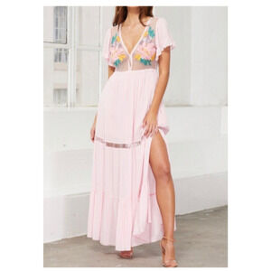 Cleobella Maxi Dress S Lyric Pink Embroidered Boho Floral Festival Sheer Top